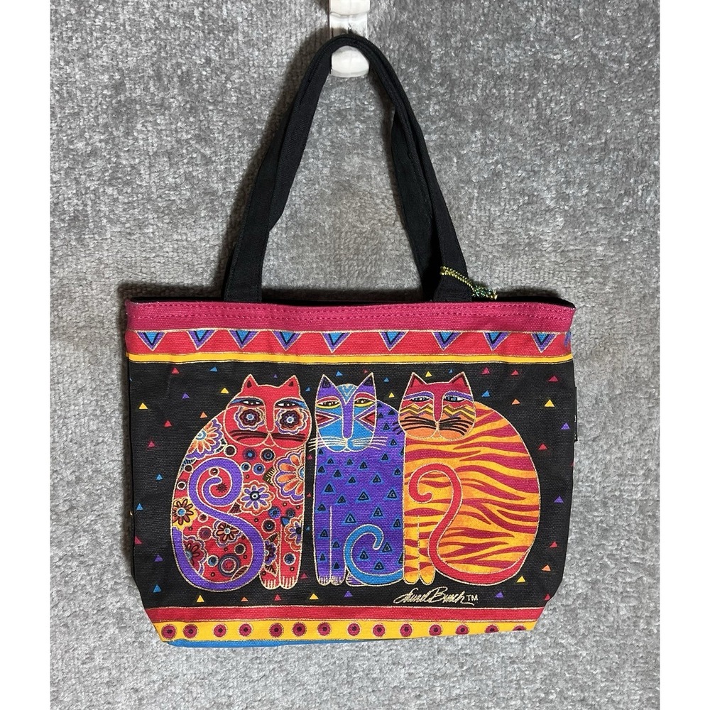 Laurel Burch Feline Friends Mini Tote Cotton Bag Zip Purple Red Black CATS New